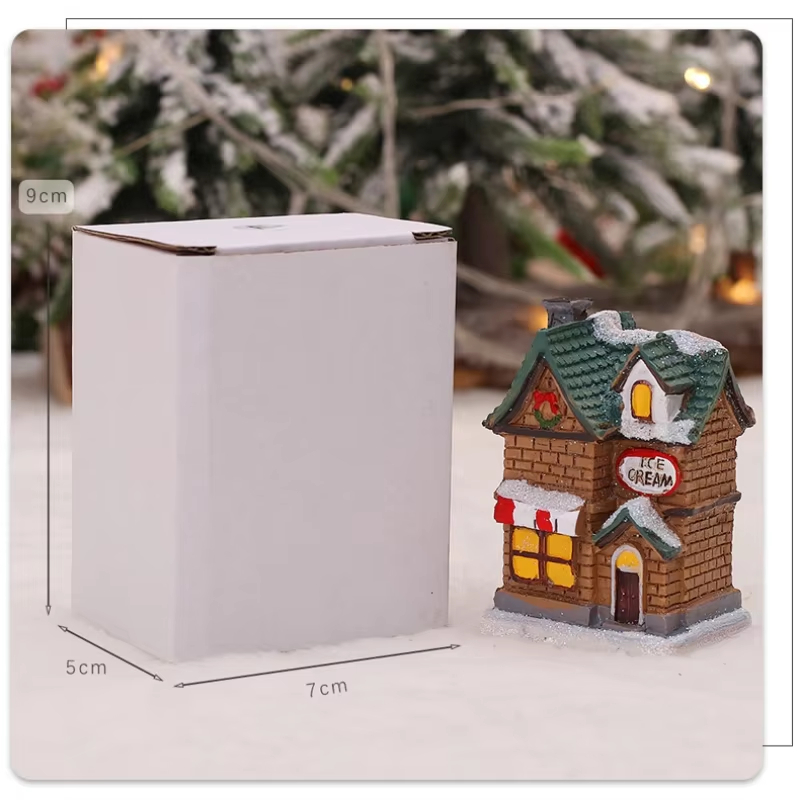 Home Xmas Decor Ideas - 1 Stück Mini-Weihnachtshaus mit Beleuchtung, Harz-Ornament,