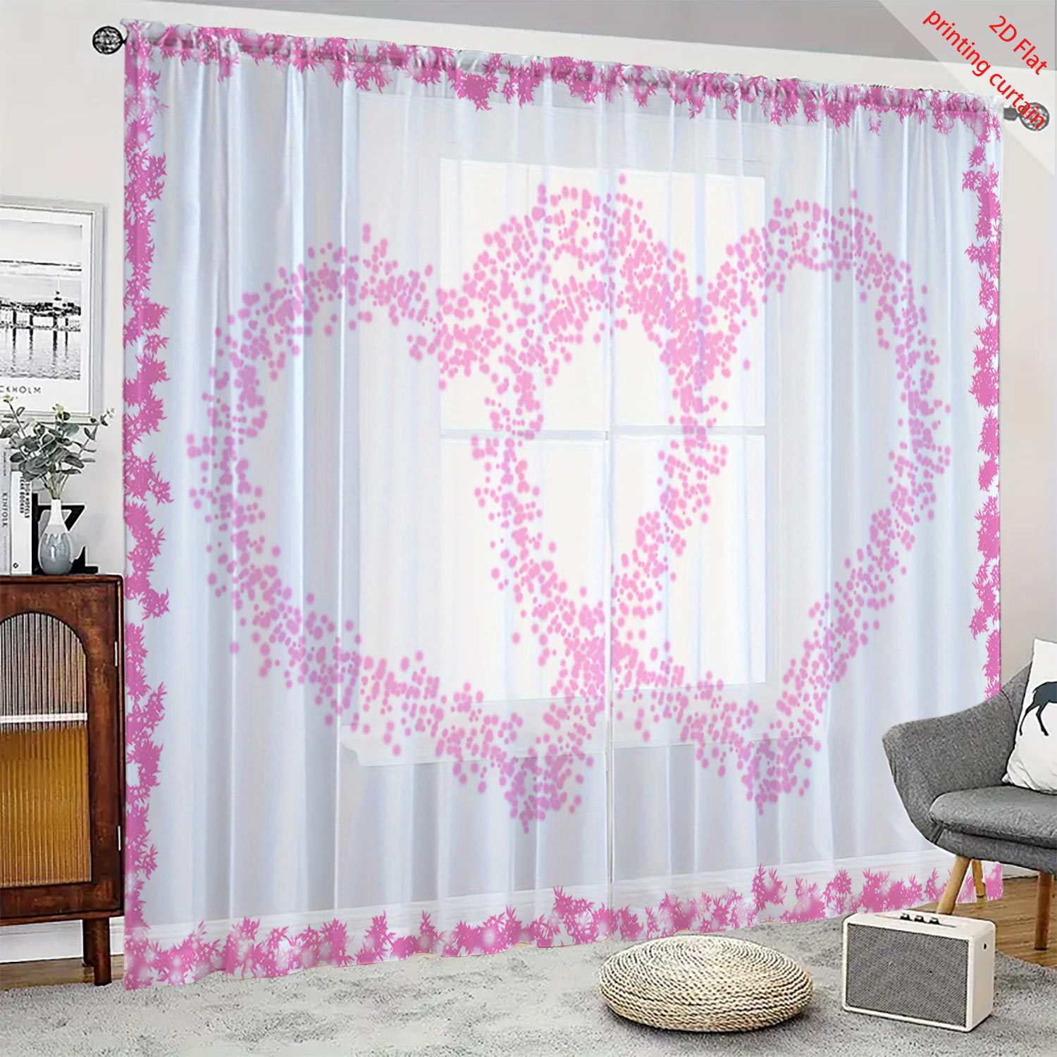 Home Decor Youtube - Herzförmiger Bedruckter Transparenter Gazevorhang für Büro,