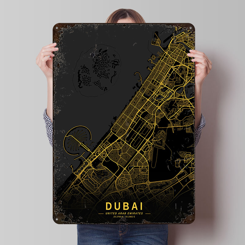Home Decor Dubai - Goldene Dubai-Stadtplan-Karte Metallposter Maßgefertigte Wandkunst Retro