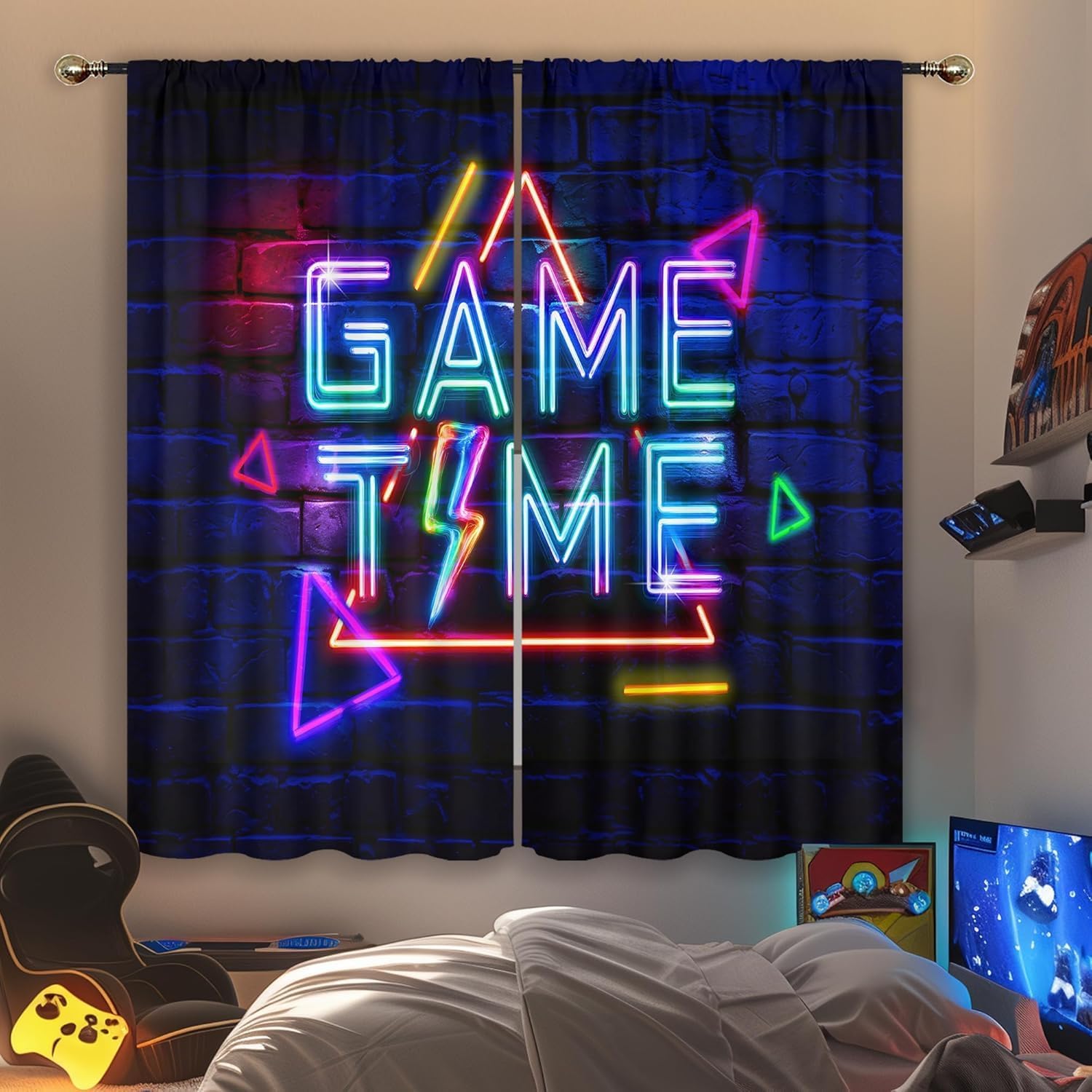 Home Decor Youtube Videos - Neon-Gaming-Vorhänge für Jungenzimmer, Gamer-Videospiel-Druck Gardinen mit