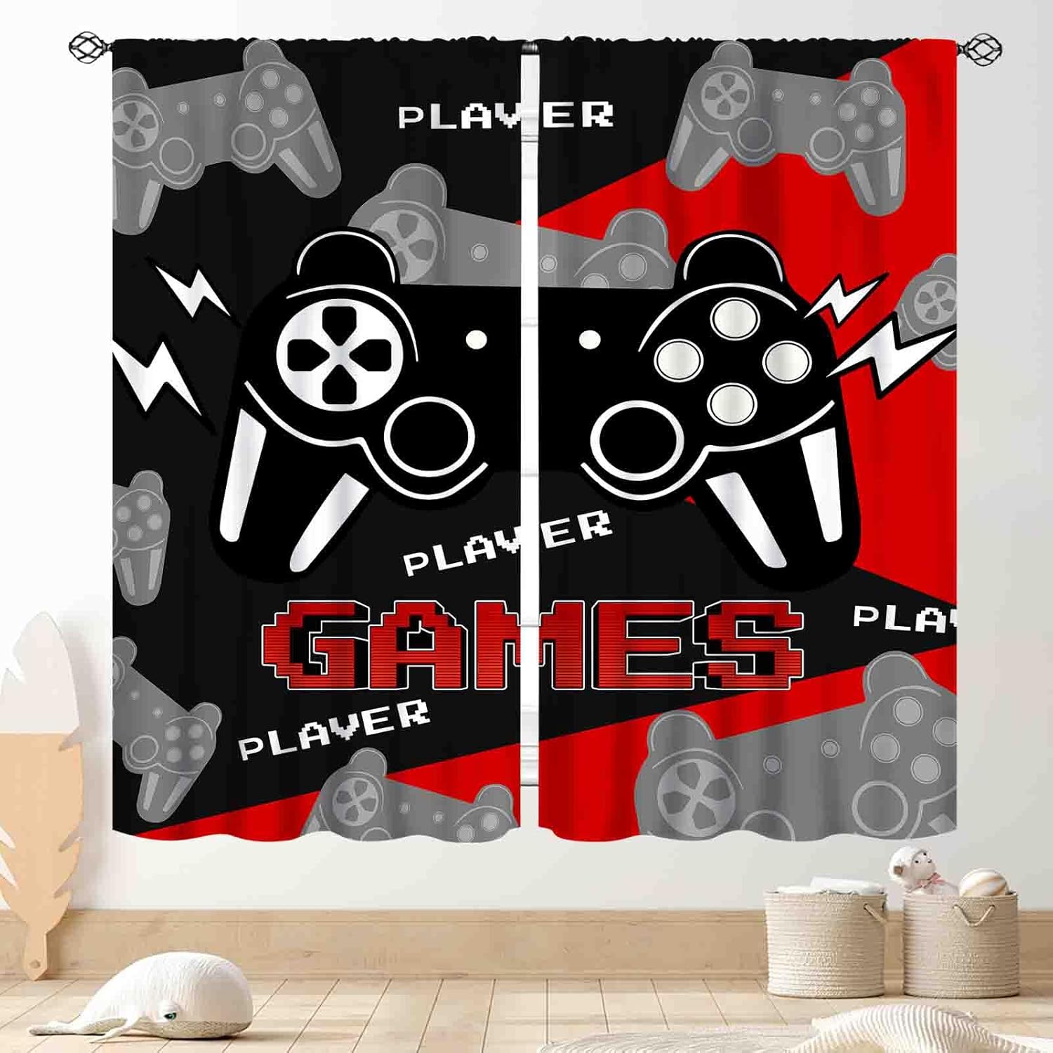 Home Decor Youtube Videos - Schwarz-Rote Gaming-Vorhänge, Videospiel-Controller-Druck Fenstervorhänge, Gamer-Raumdekoration für