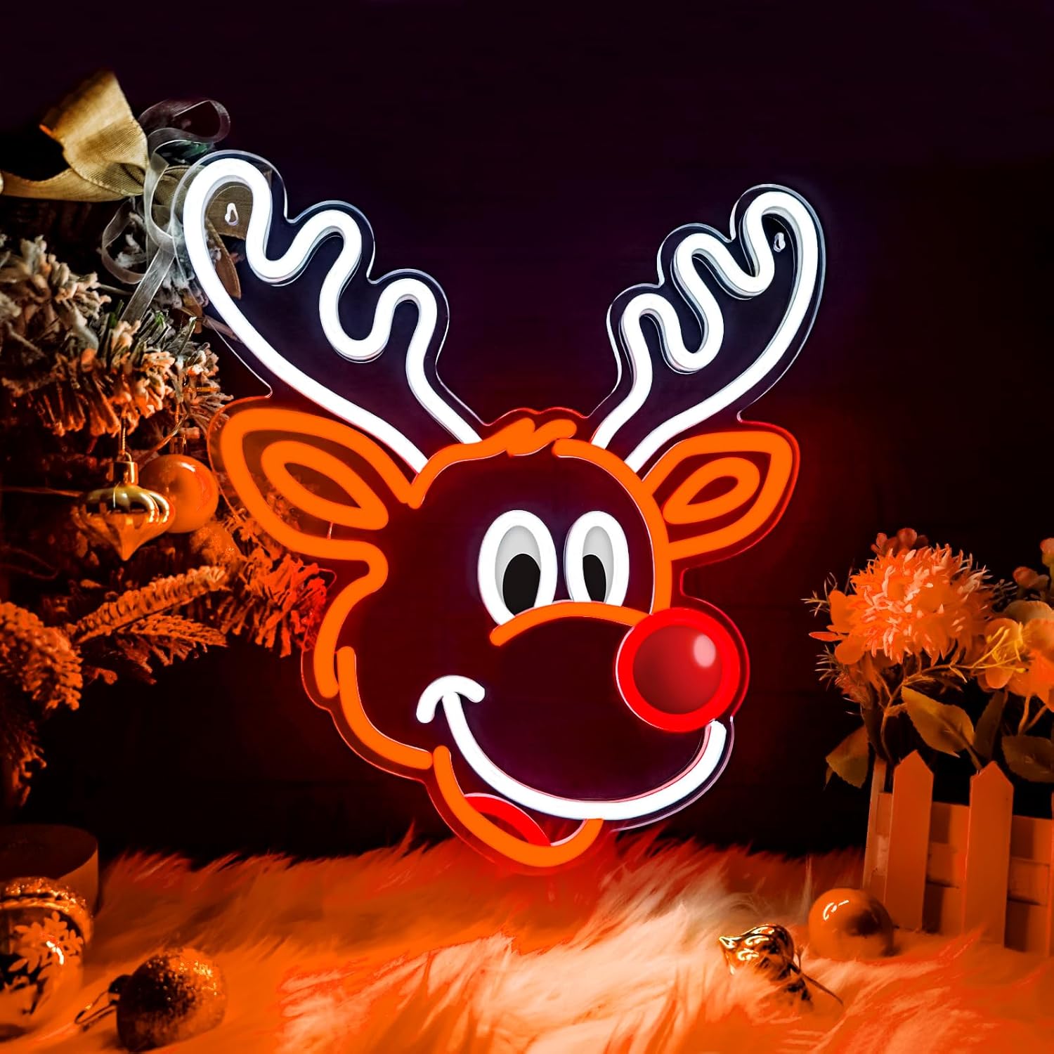 Home Xmas Decor Ideas - Niedliches Weihnachts-Rentier-Neonschild mit roter Nase, LED-Licht